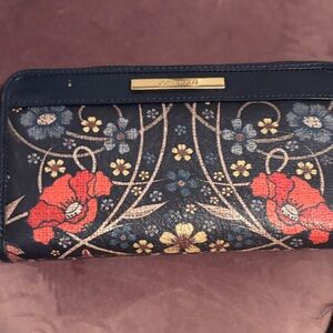 Brahmin Navy Floral Zip Wallet with Red Poppy Accents